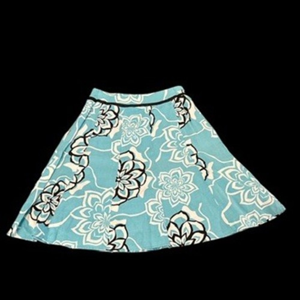Yarns & Stitches Turquoise Blue Floral Linen A-Line Skirt Size‎ 6 Cottagecore